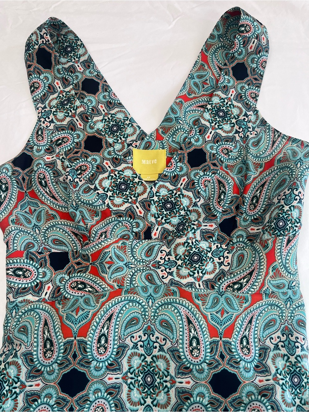 Anthropologie Maeve Teal Navy Coral Paisley V-Neck Midi